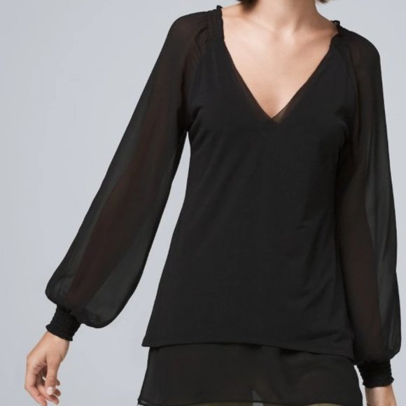WHBM Blouson-Sleeve Woven Knit Tunic NWT XXS Black - Picture 1 of 3